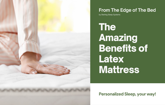 Woman in pink striped pejamas sitting on a latex mattress with her hand gently testing the firmness of the mattress