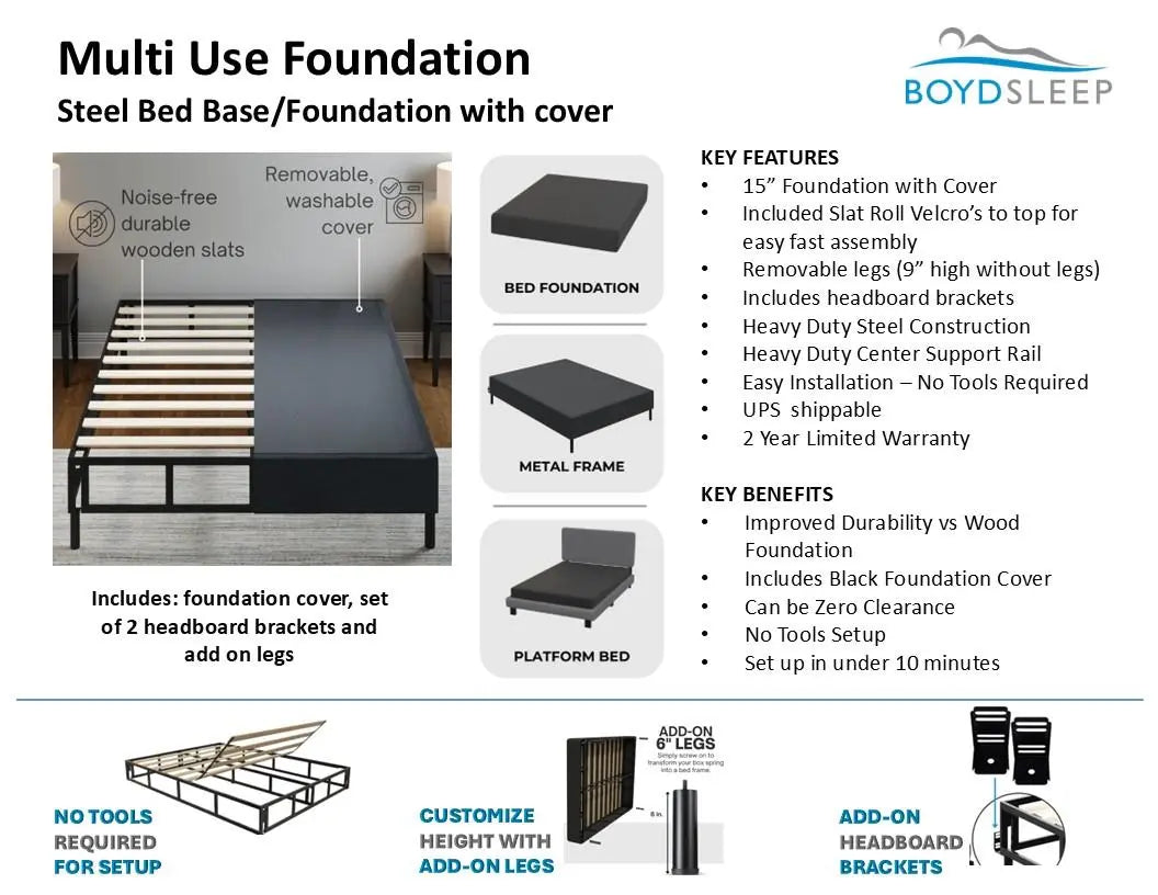 Multi-Use Foundation- Steel Bed Base / Foundation with Cover Boyd Specialty Sleep