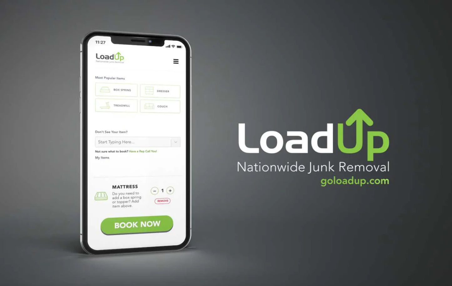 Load Up mattress delivery and pickup service app interface displayed on a smart phone
